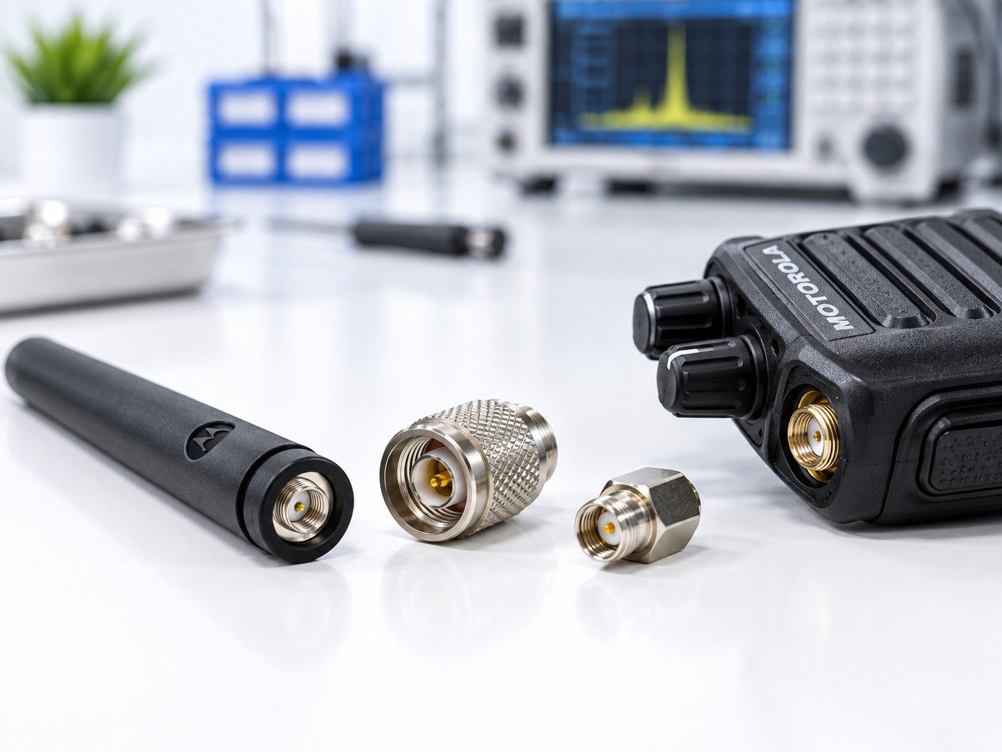 Two-way radio antenna and metal connectors on a technical workbench