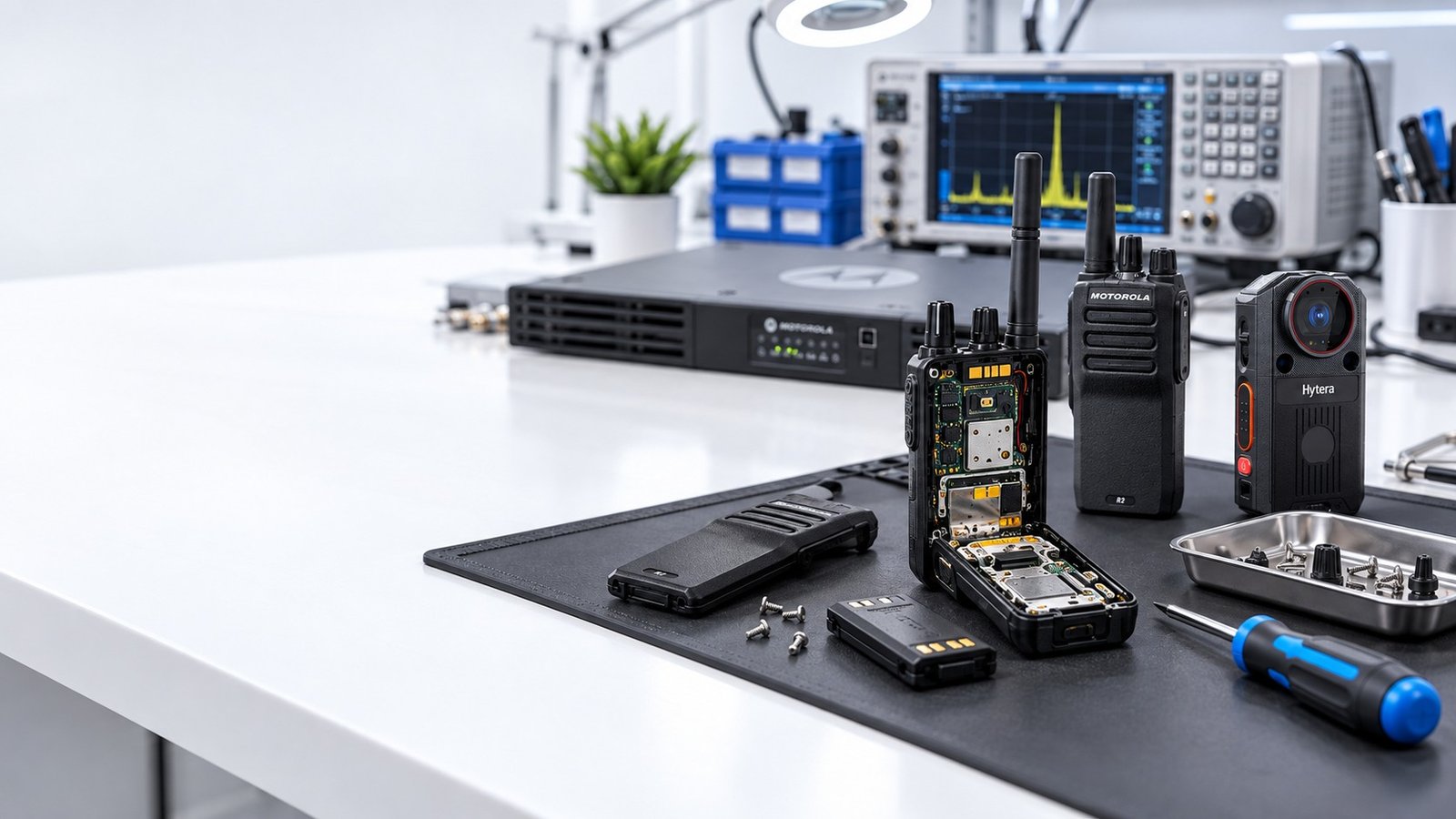 Technical service workbench with two-way radios, a repeater and a body-worn camera