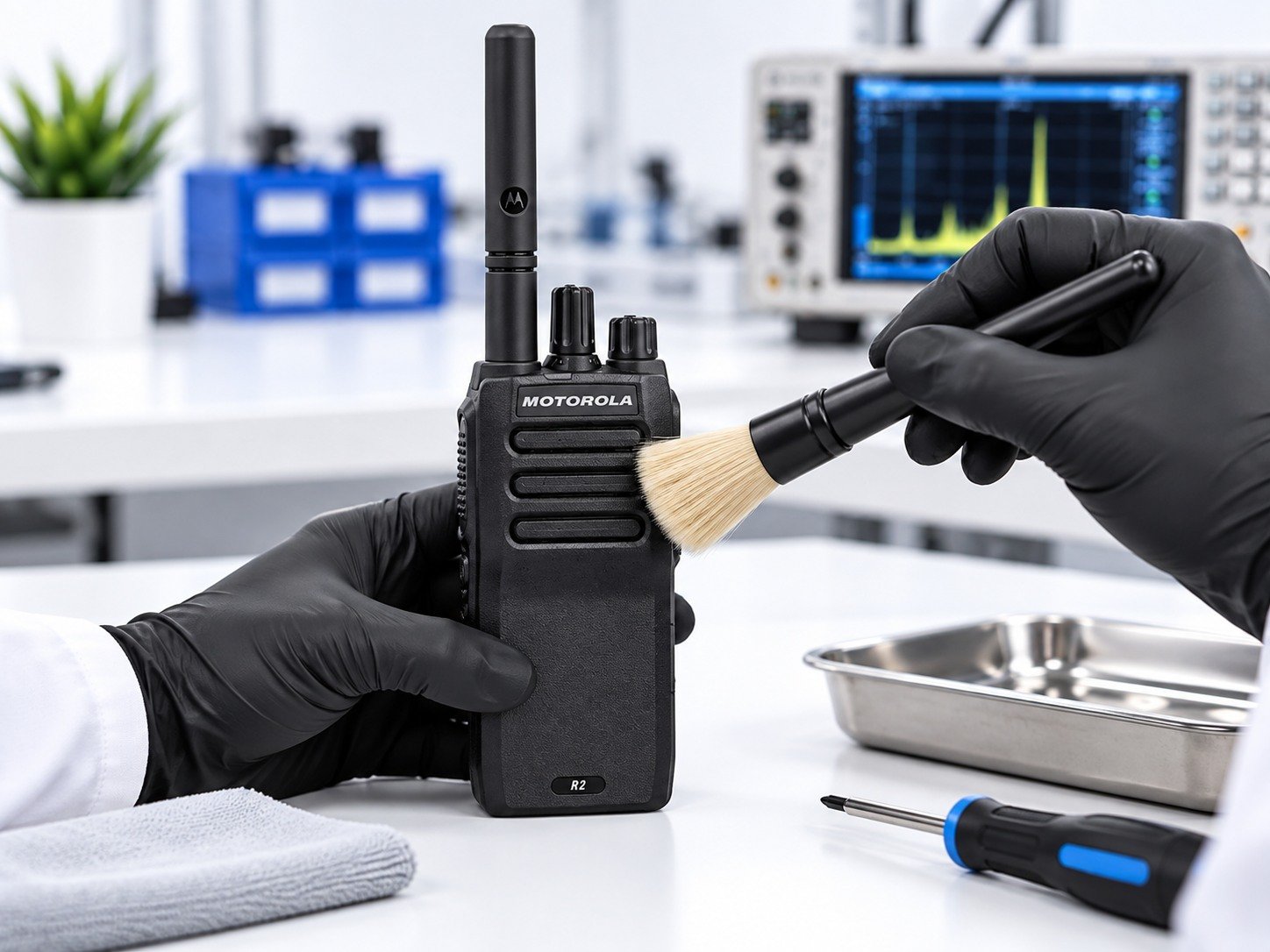 Preventive cleaning of Motorola radio with brush on technical bench