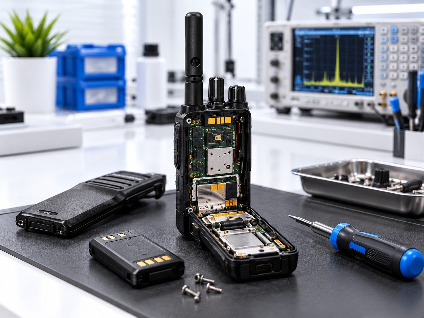 Motorola radio open for internal diagnosis on laboratory bench
