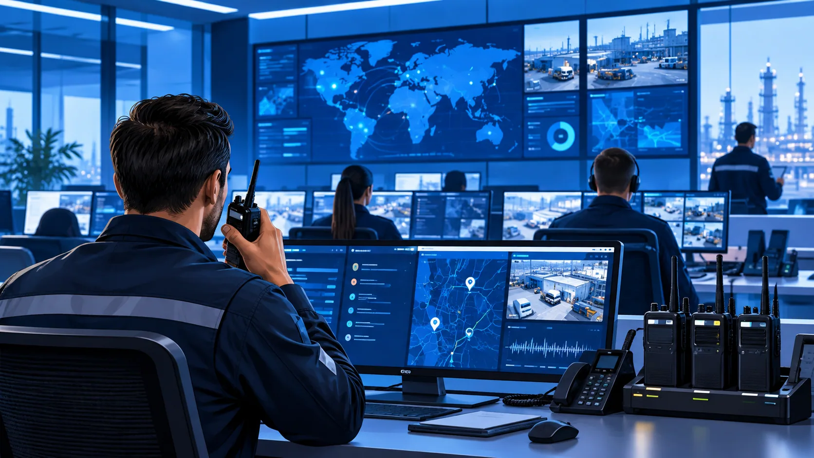 Operador com rádio Motorola em central de operações com monitores