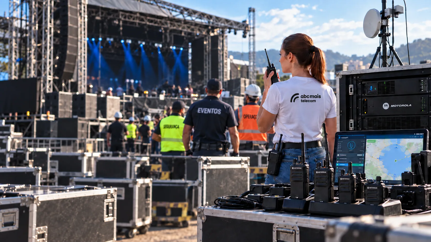 Equipe de produção com rádios em área de palco de evento, uso típico do aluguel de rádio comunicador em São Paulo