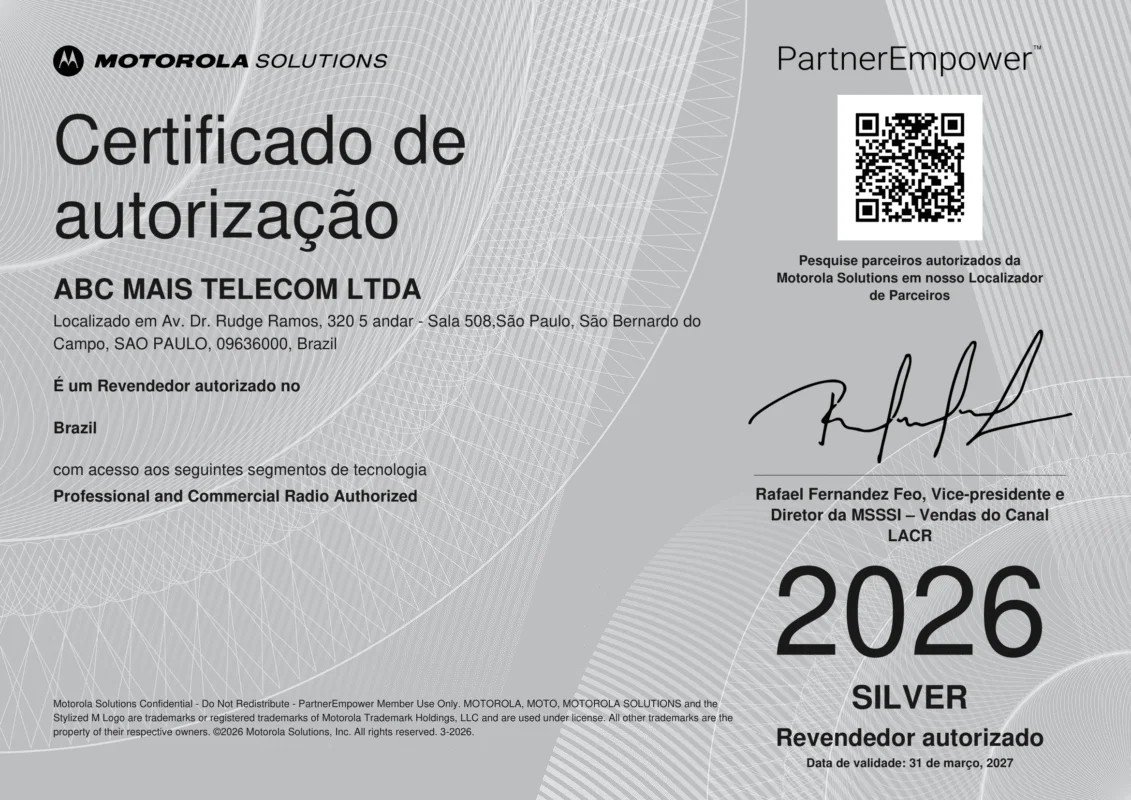 Certificado Motorola Solutions PartnerEmpower 2026 de revenda autorizada Silver da ABC Mais Telecom