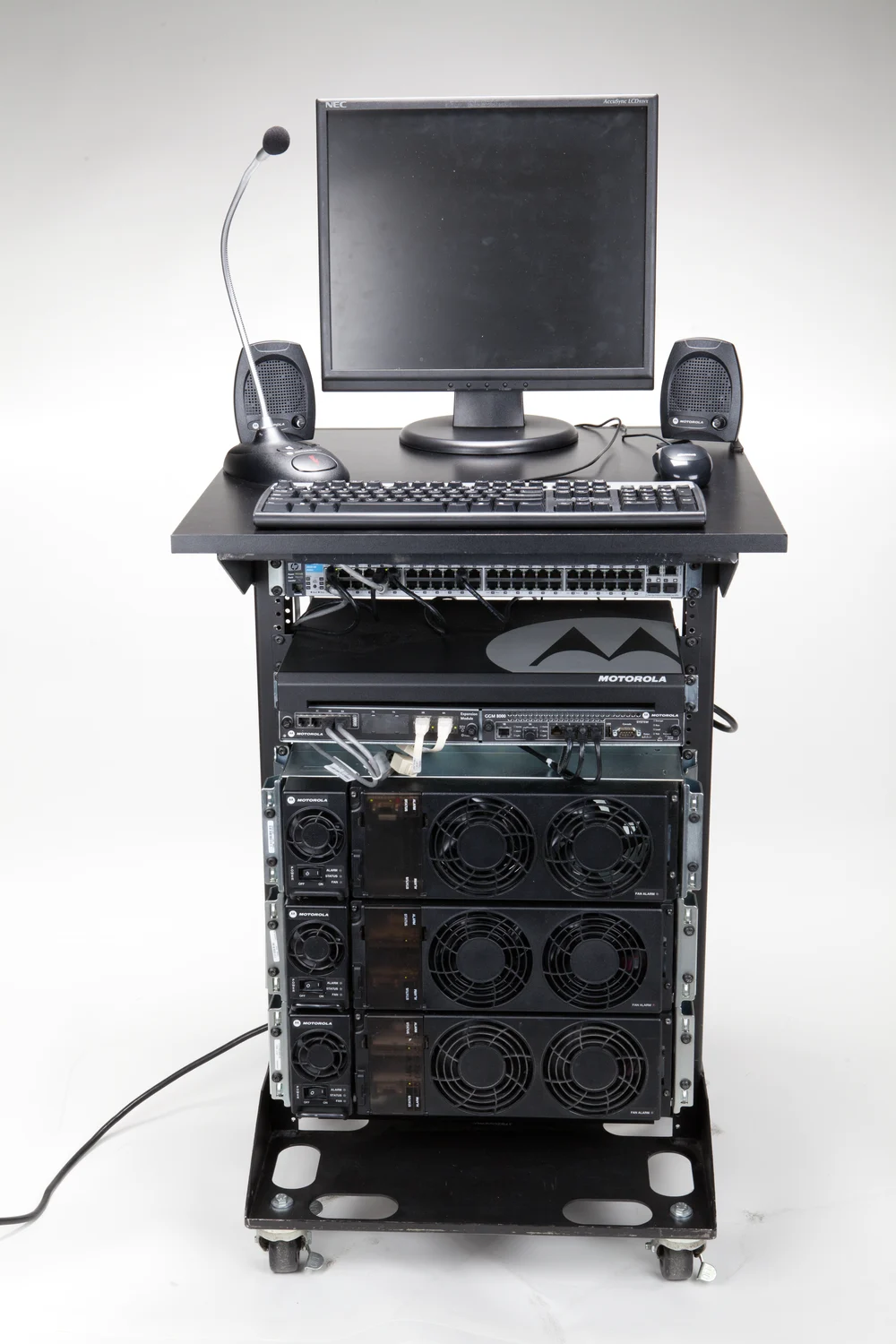 Motorola station with monitor, microphone and rack equipment