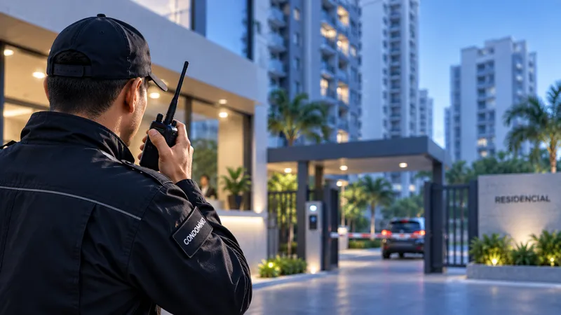 Porteiro usando rádio na portaria de um condomínio residencial com torres
