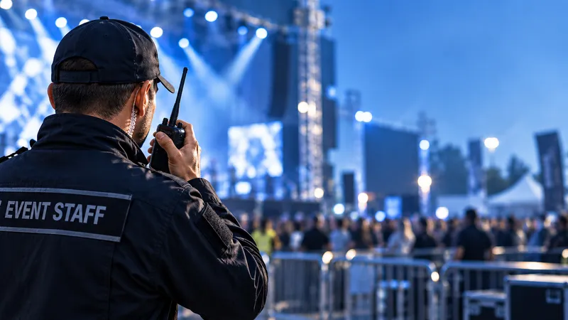 Equipe de segurança com rádio em evento noturno, uso comum da locação de rádio comunicador em Santos