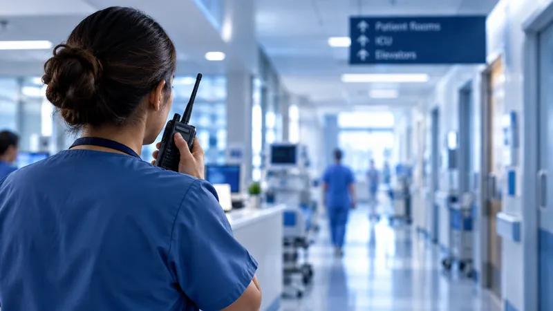 Profissional de saúde usando rádio em corredor de hospital, uso da locação de rádio comunicador para hospitais