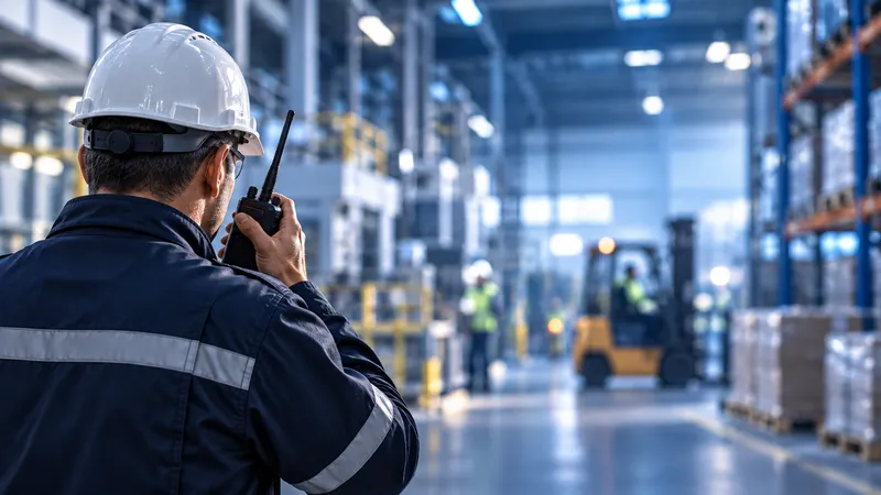 Técnico de capacete usando rádio em planta industrial, cenário típico da locação de rádio comunicador no ABC