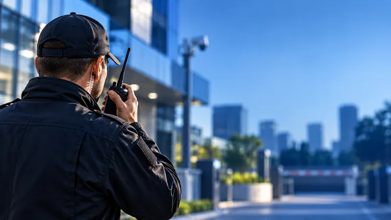 Vigilante usando rádio em frente a edifício corporativo, setor que aluga rádios em Barueri e Osasco