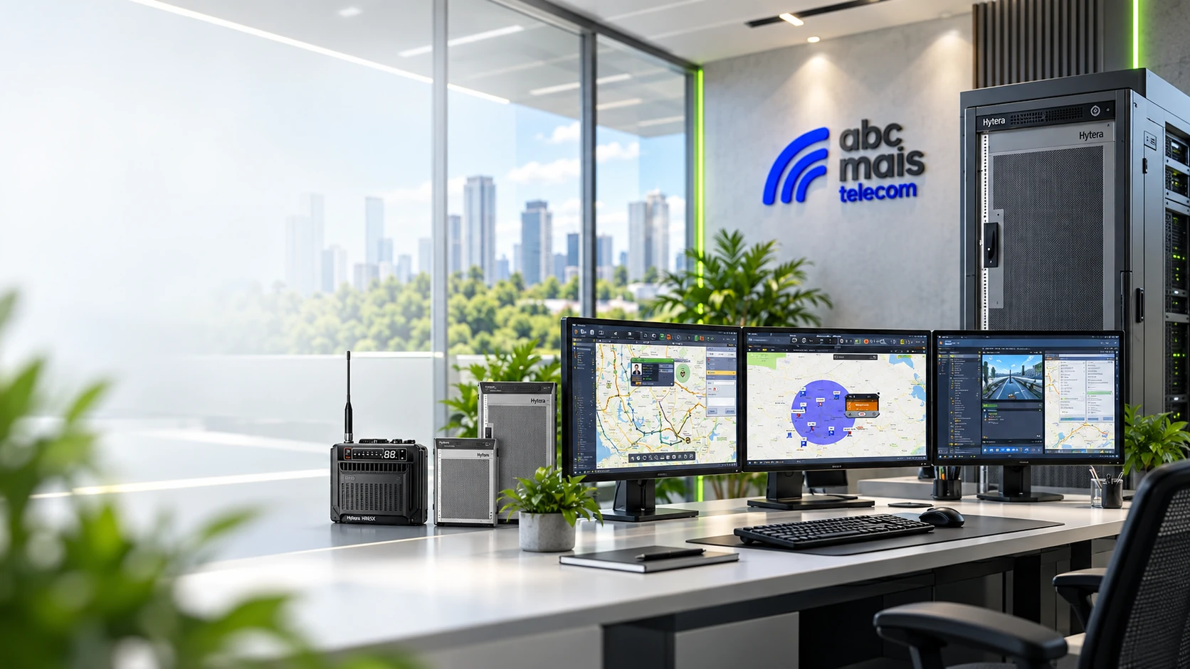 Ambiente de escritório com rádios e repetidora Hytera e painéis de monitoramento
