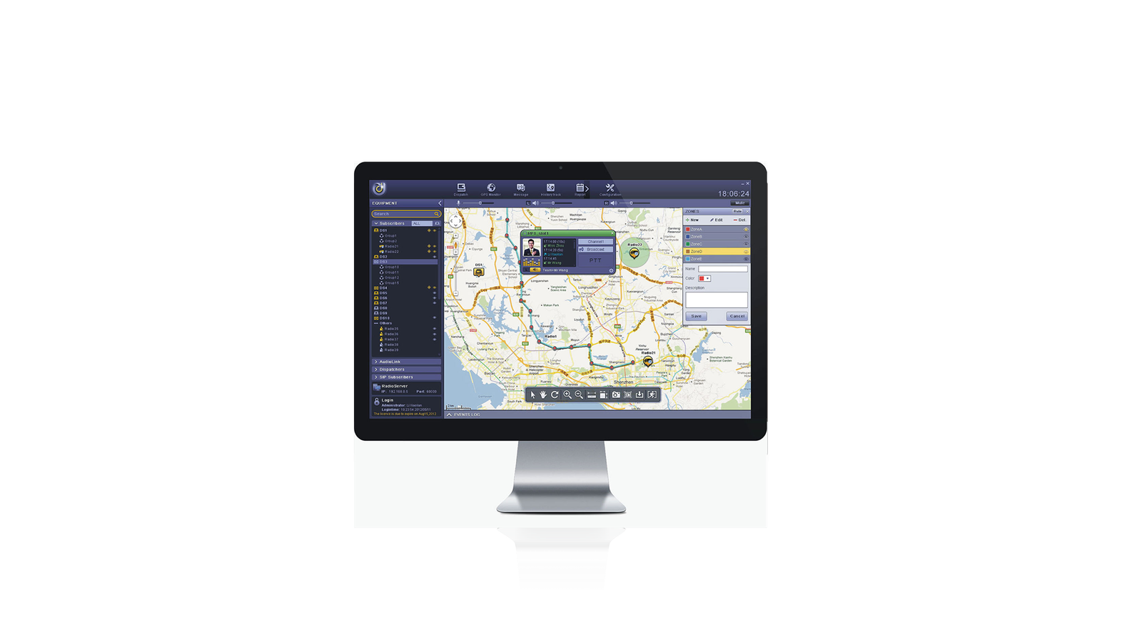 Interface oficial Hytera Smart Dispatch Plus com grupos de rádio e mapa de localização