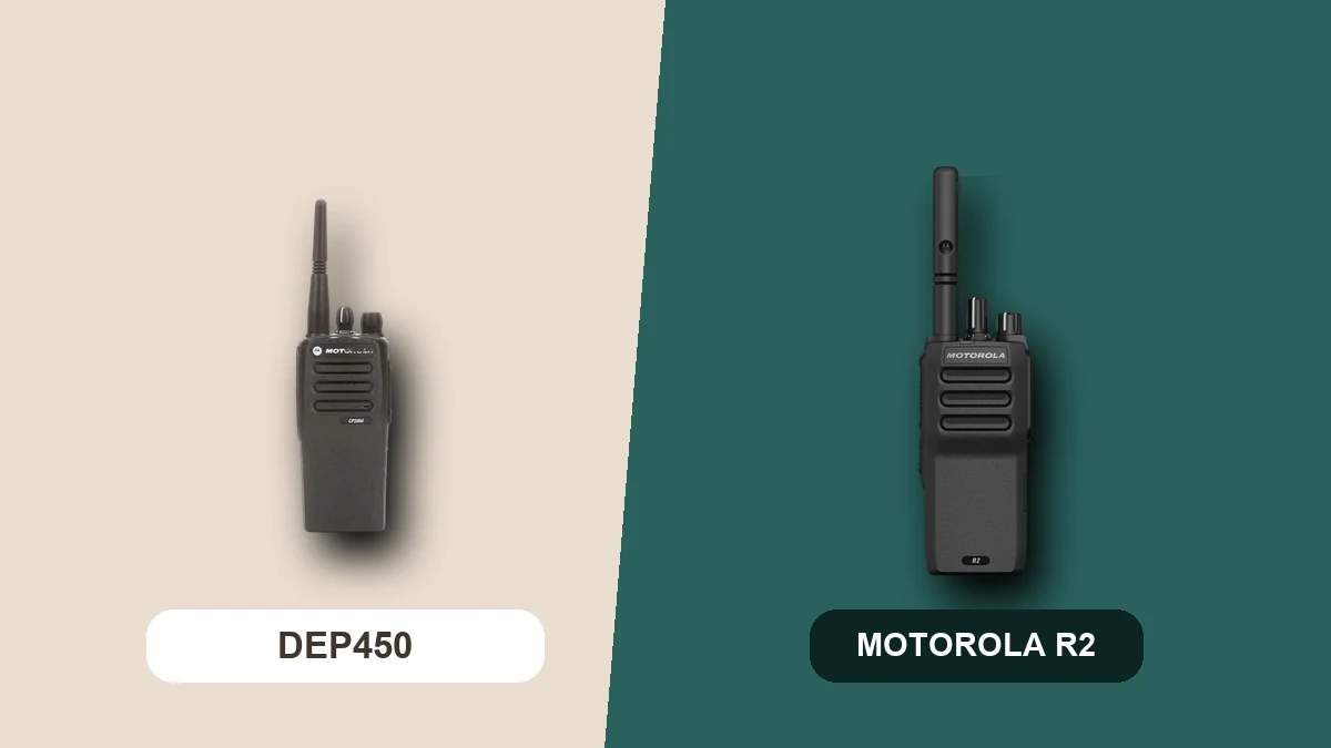 Fotografias oficiais dos rádios Motorola DEP450 e R2 em comparação | ABC Mais Telecom
