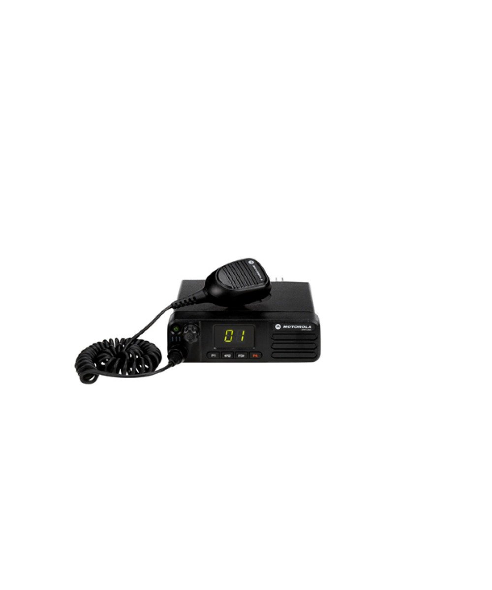 Rádio móvel Motorola DGM5000e com visor numérico e microfone compacto, imagem oficial