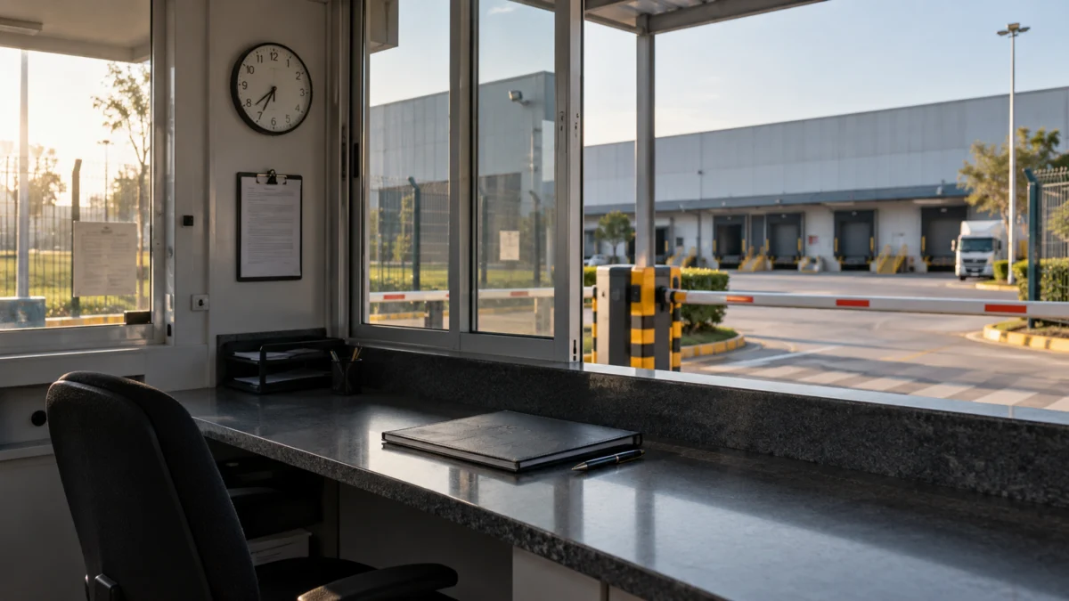 Portaria de empresa com mesa e janela para o pátio: atendimento ao visitante é um momento comum de QRX