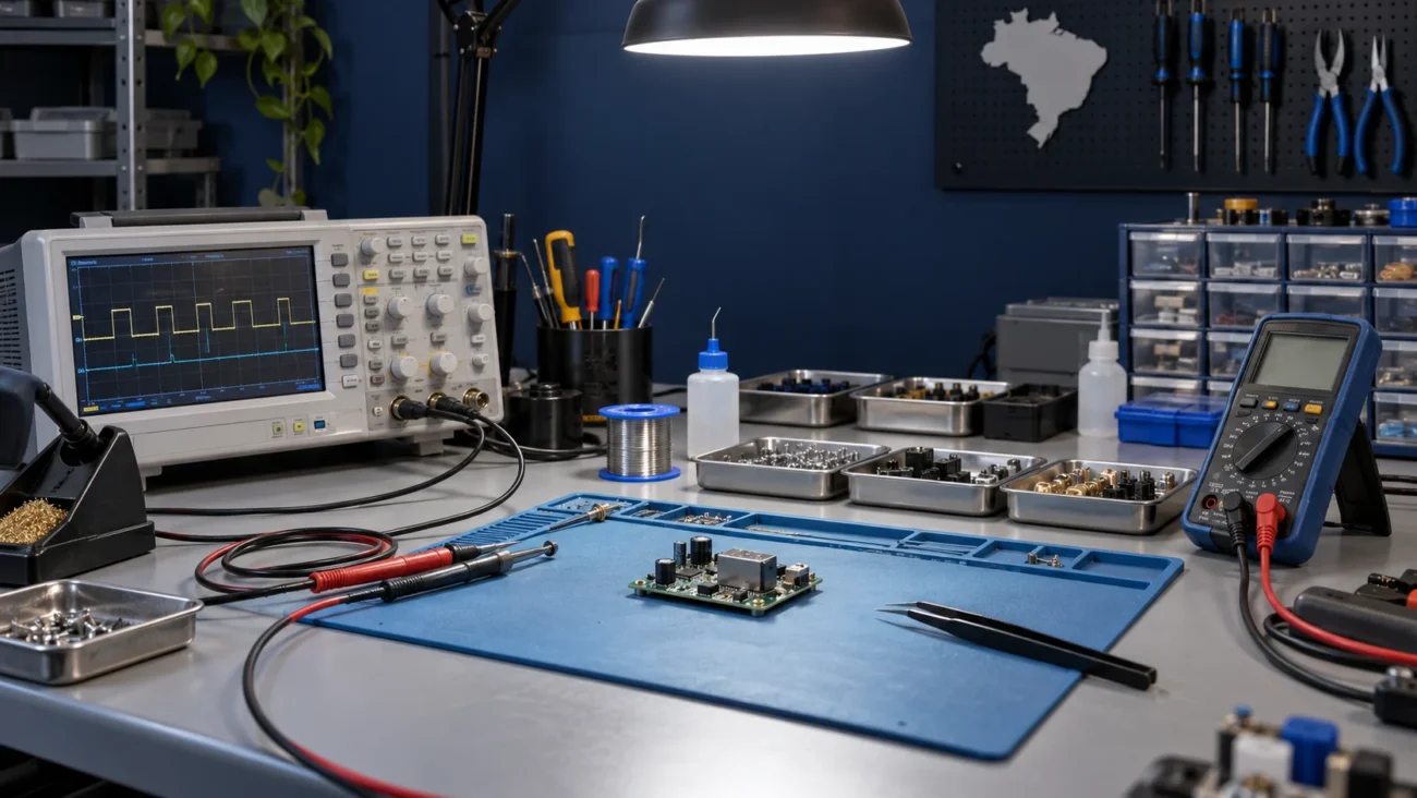 Bancada de eletrônica com instrumentos de medição, placa e ferramentas organizadas