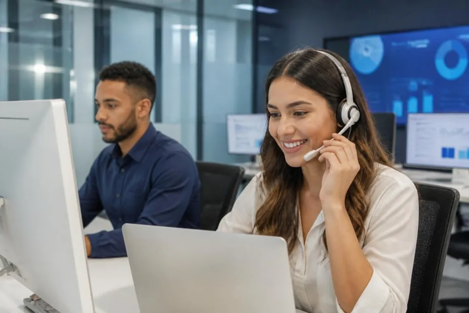 Illustrative scene: customer service and sales team in a technology office.