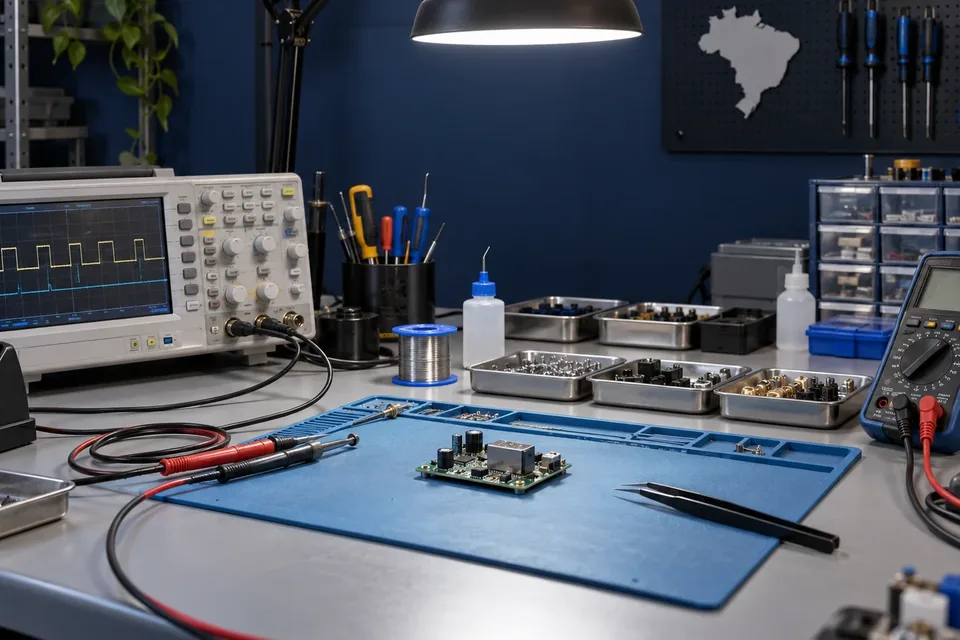 Illustrative scene: electronics bench with oscilloscope, multimeter and a circuit board under diagnosis.