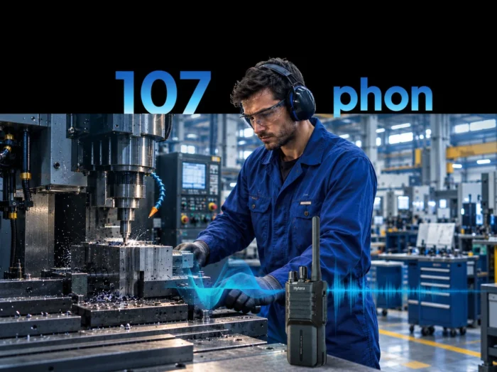 Composição oficial Hytera do XP60X em ambiente industrial com máquinas e ruído