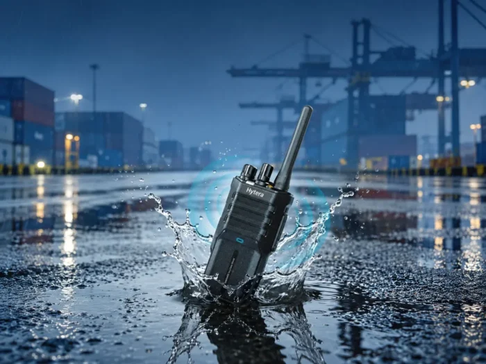 Composição oficial do Hytera XP60X sobre resistência à água em ambiente portuário