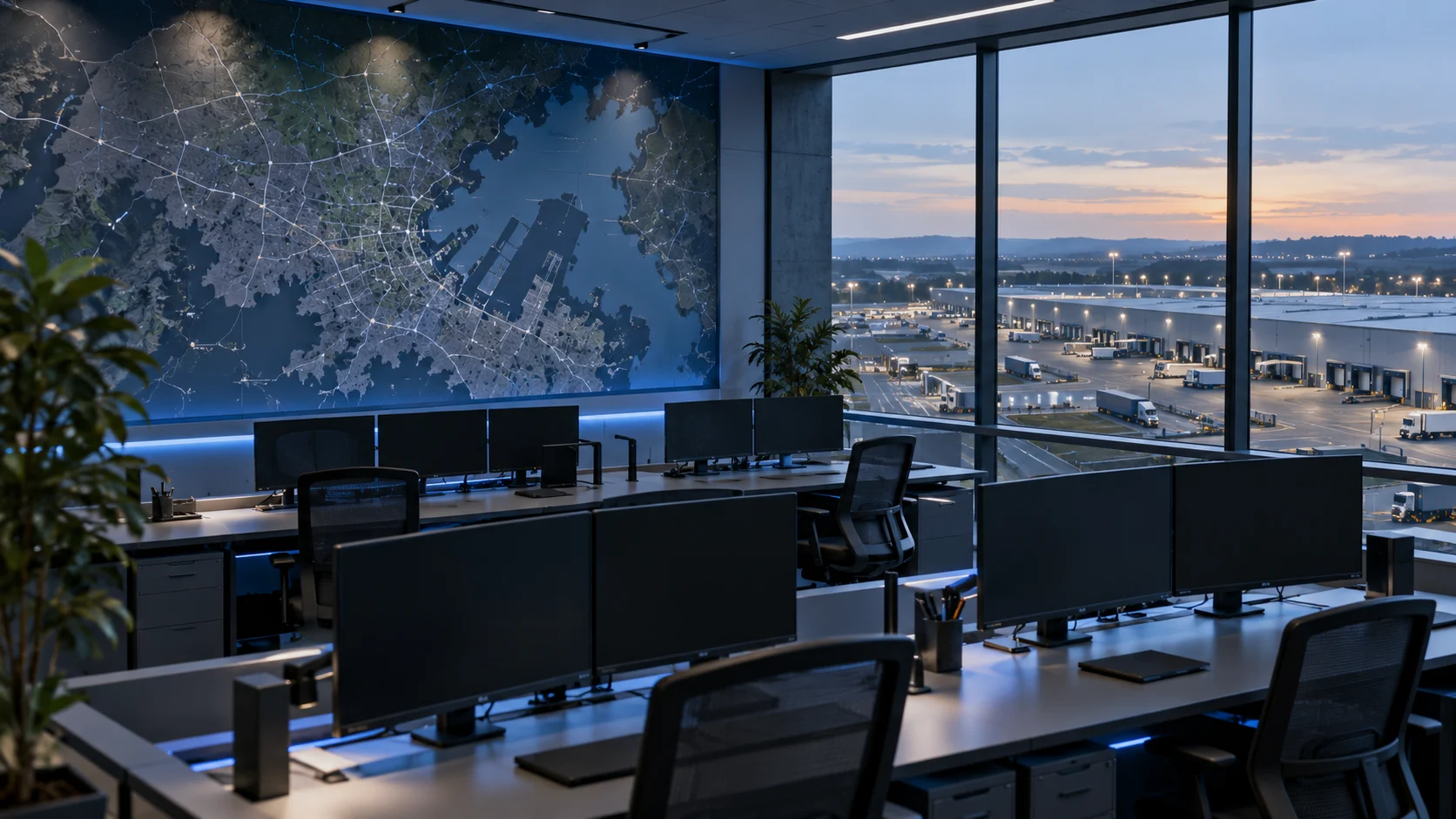 Centro de operações vazio com mapa e vista para complexo logístico